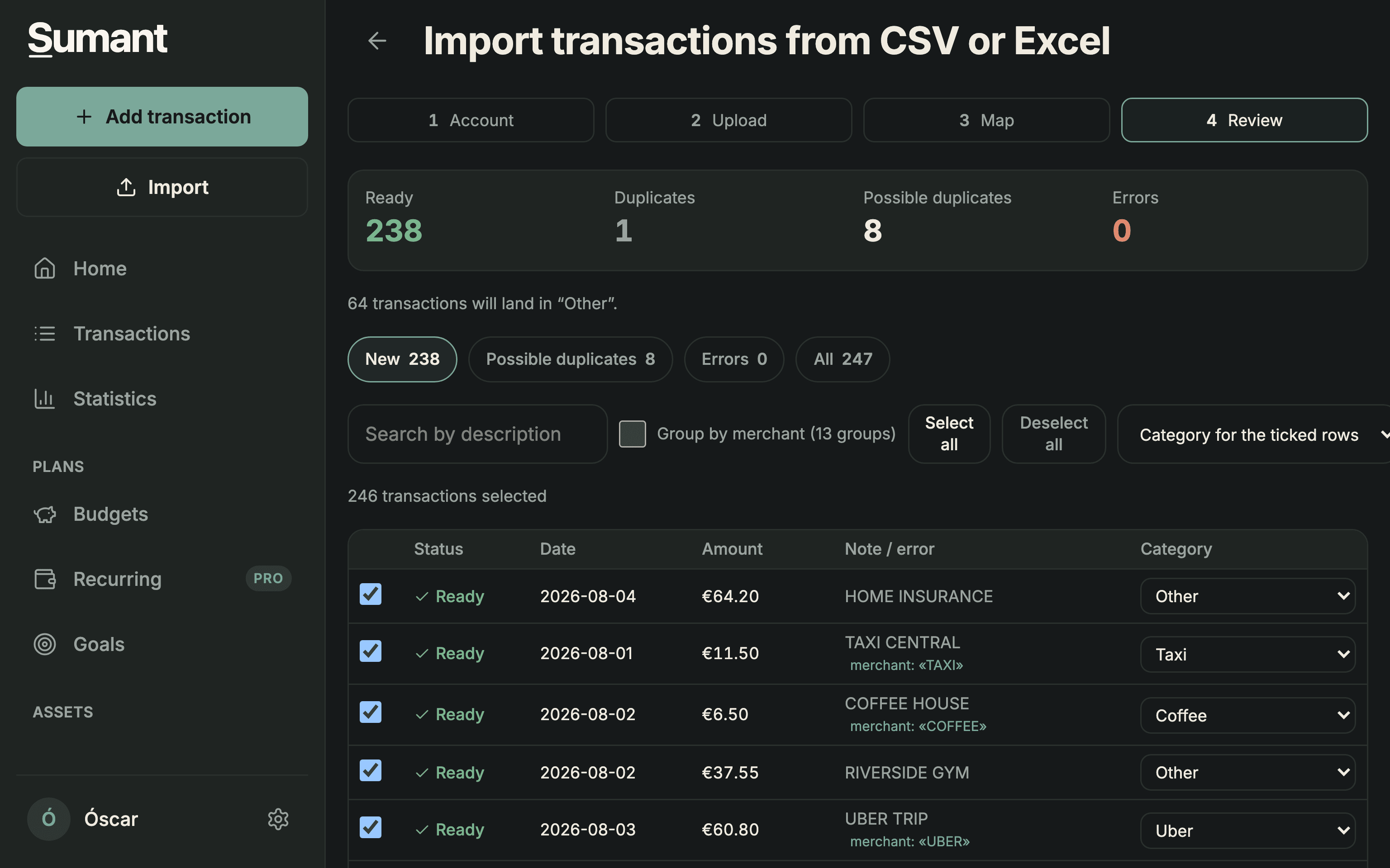 Importing transactions