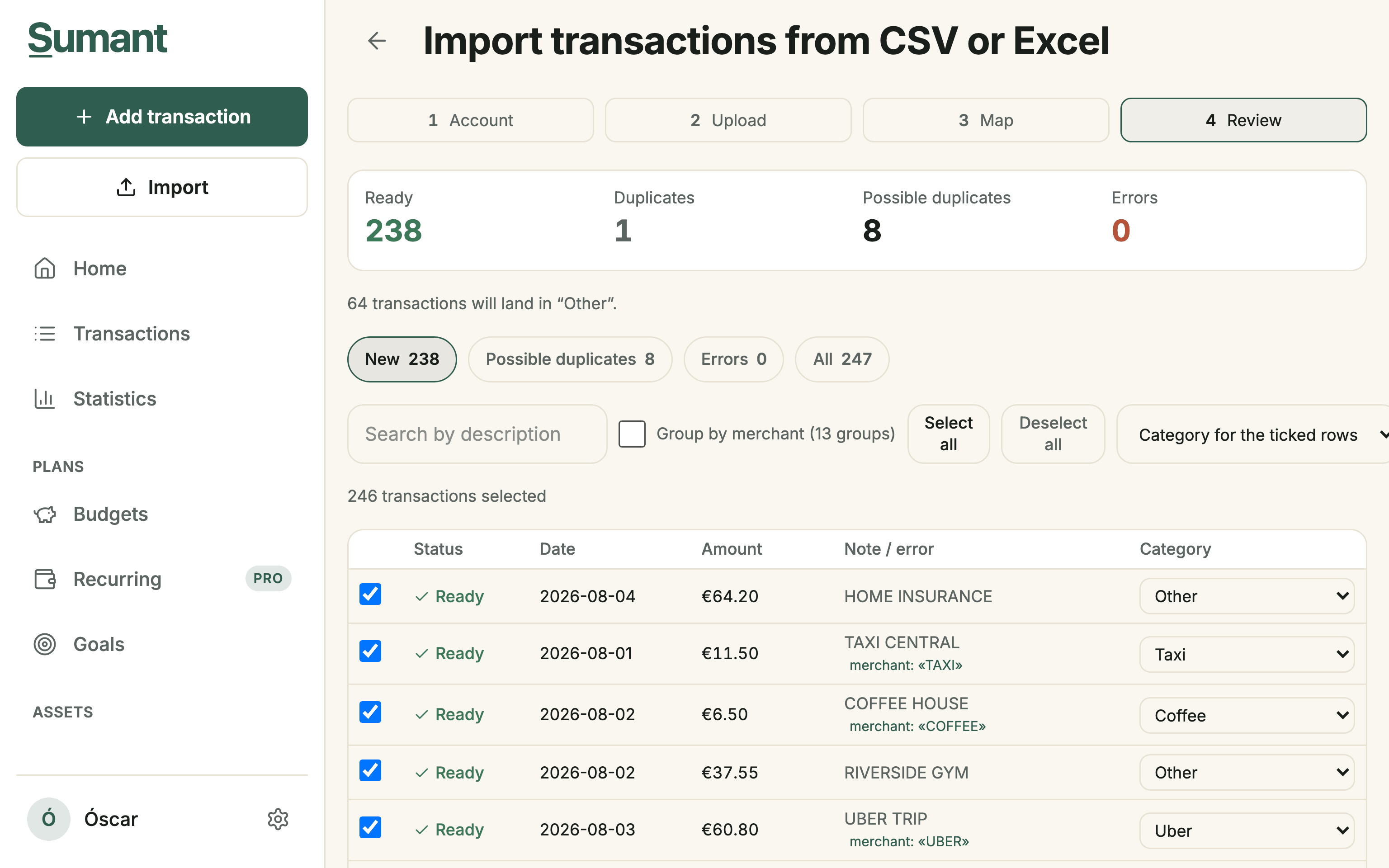Importing transactions