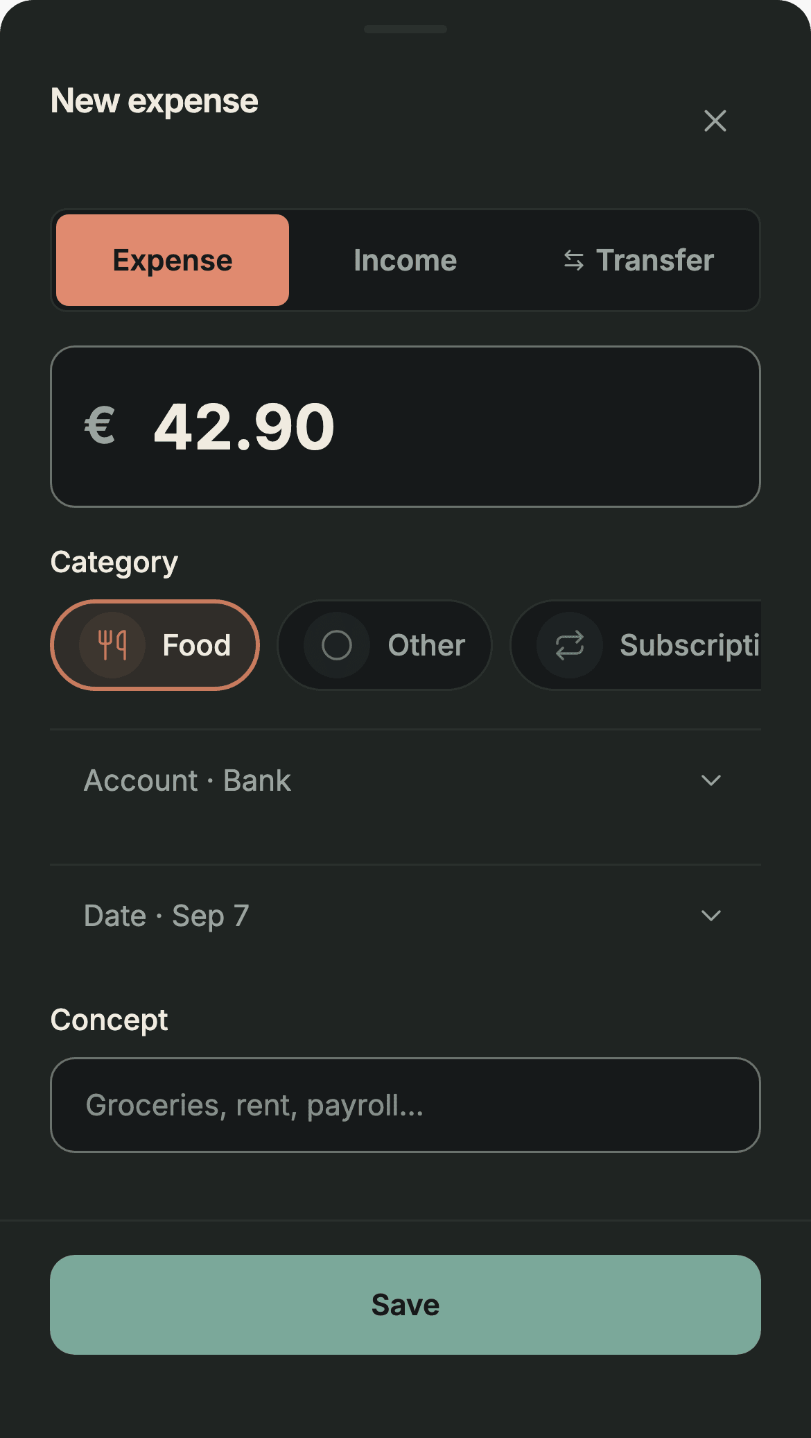 Sumant's new expense form with €42.90, the Food category selected and the Bank account, ready to save