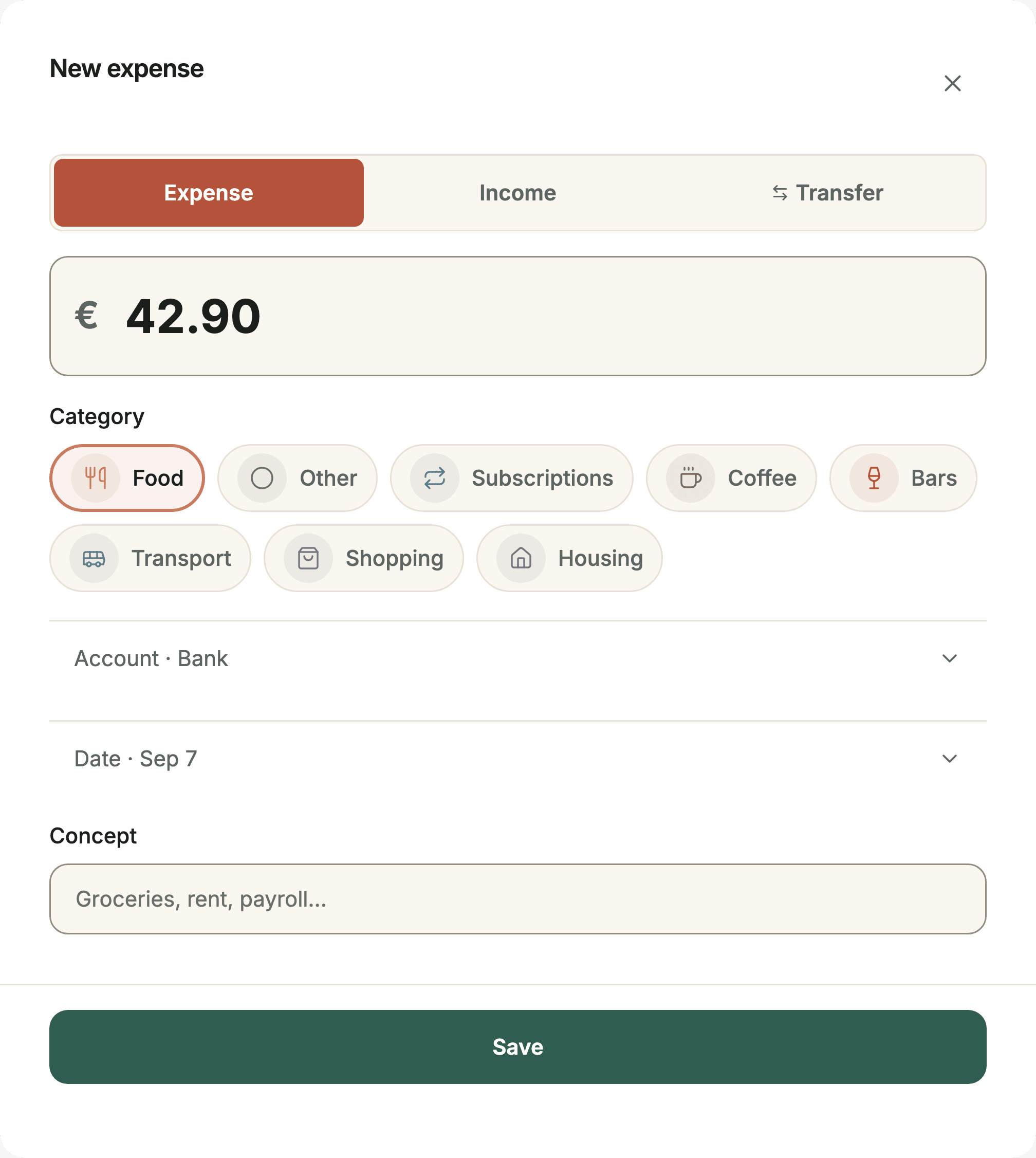 The Sumant expense form with amount, category, account and date