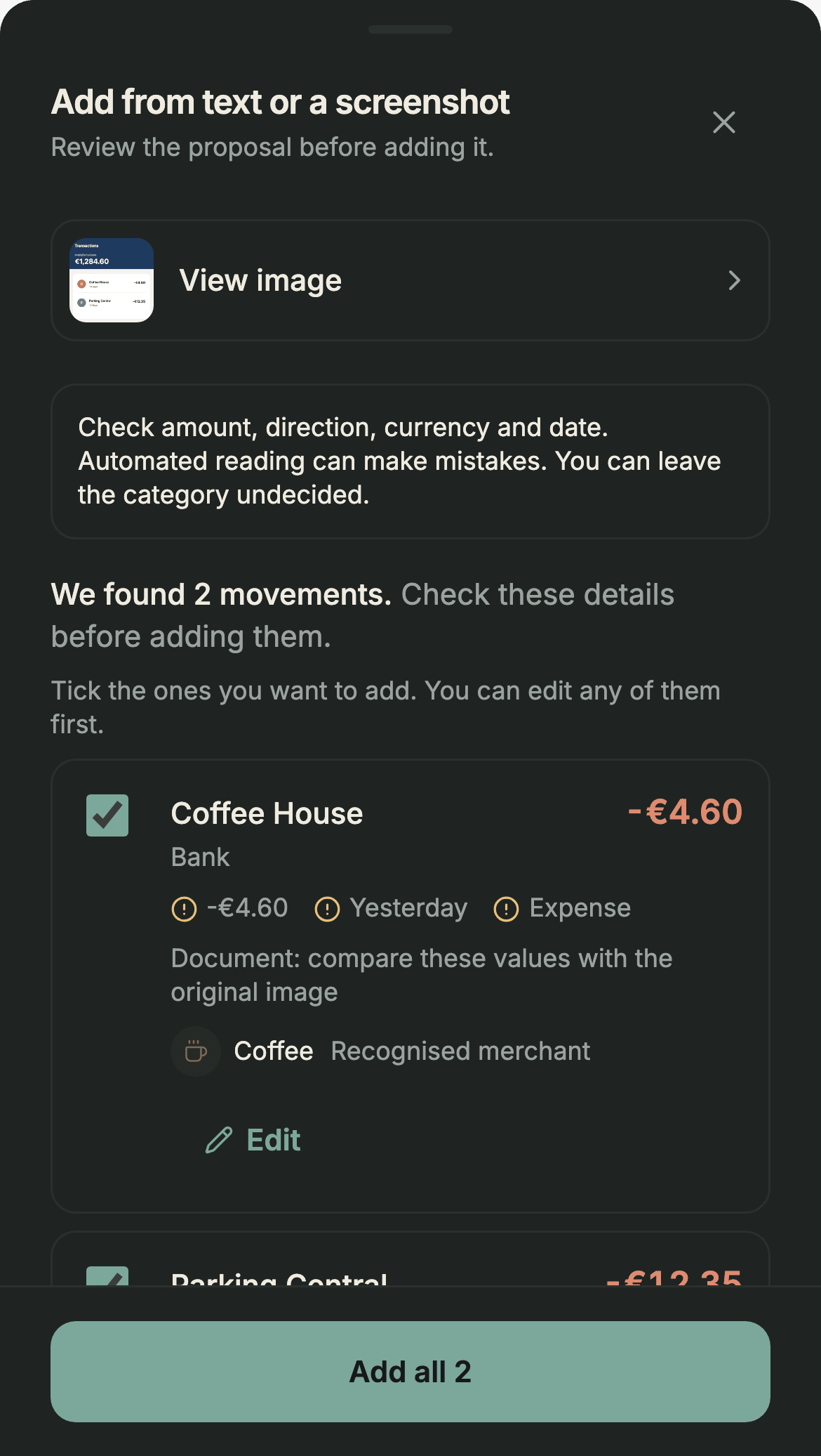 A review in Sumant of two transactions read from a bank screenshot, each with its proposed amount, date and category, the original image within reach and an Edit button per transaction
