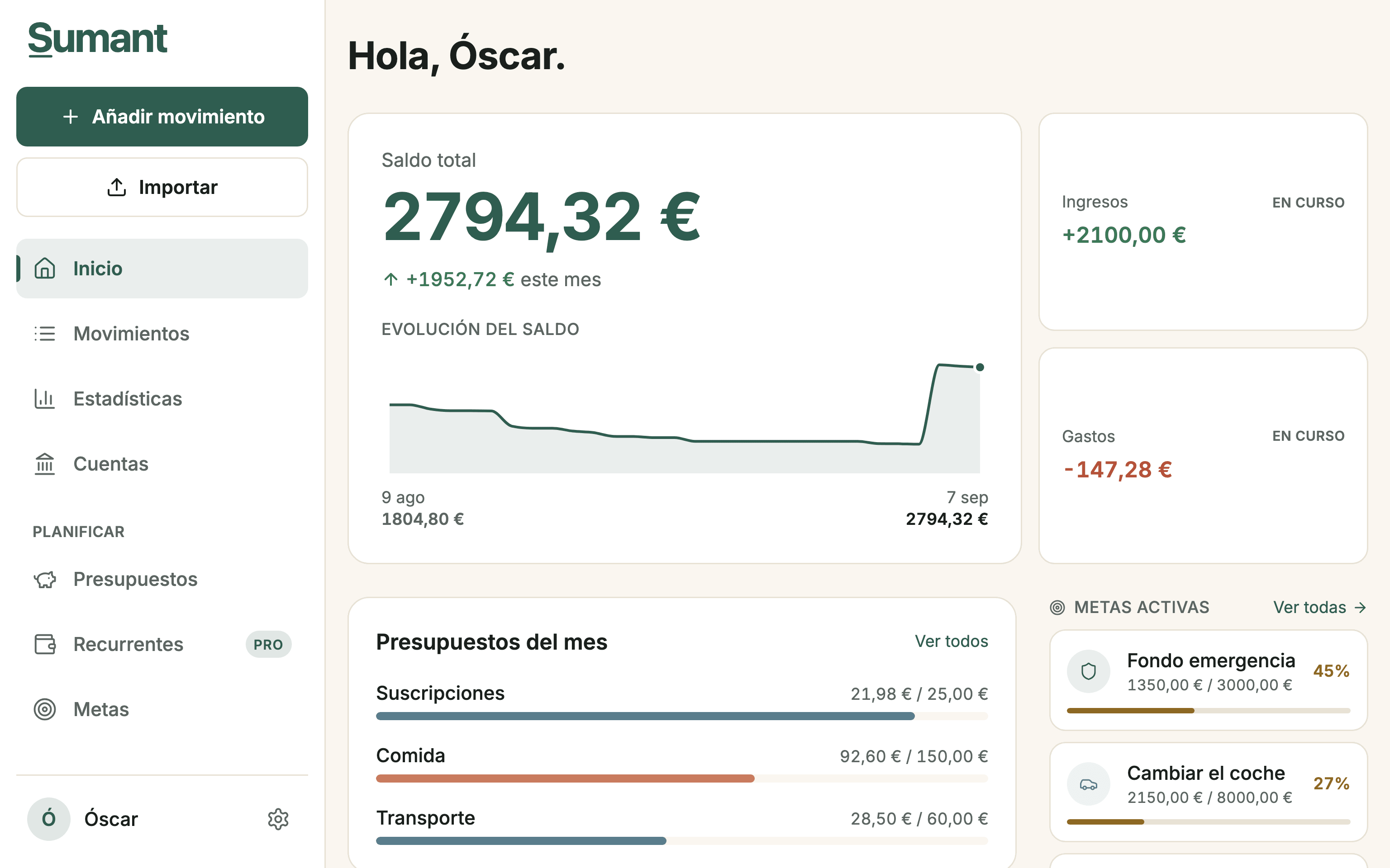 Vista de Sumant con ingresos, gastos y movimientos registrados