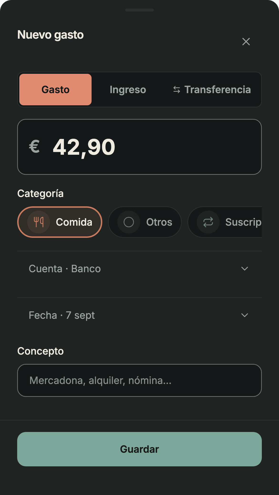 Formulario de nuevo gasto de Sumant con 42,90 €, la categoría Comida elegida y la cuenta Banco, listo para guardar