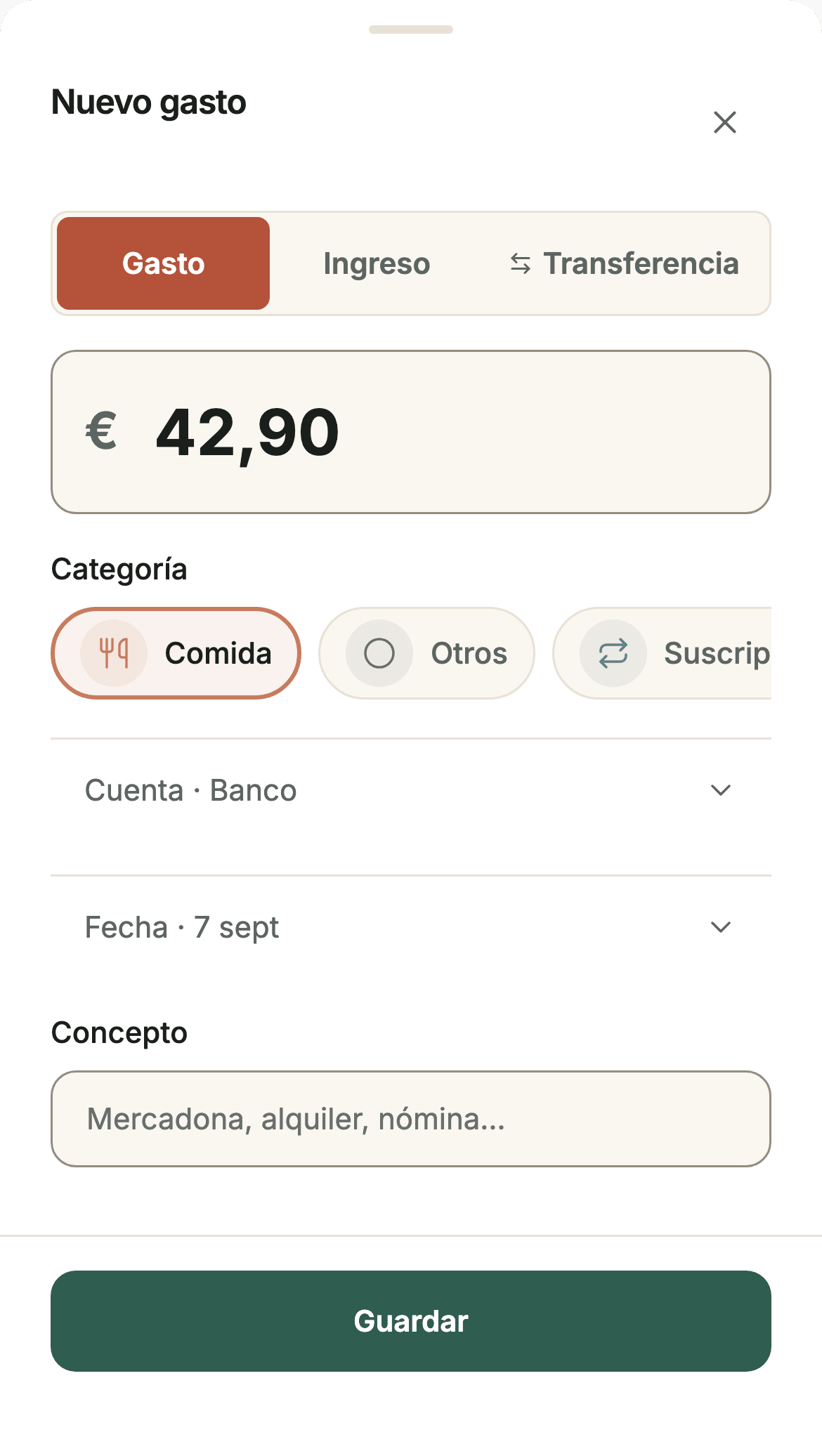 Formulario de nuevo gasto de Sumant con 42,90 €, la categoría Comida elegida y la cuenta Banco, listo para guardar