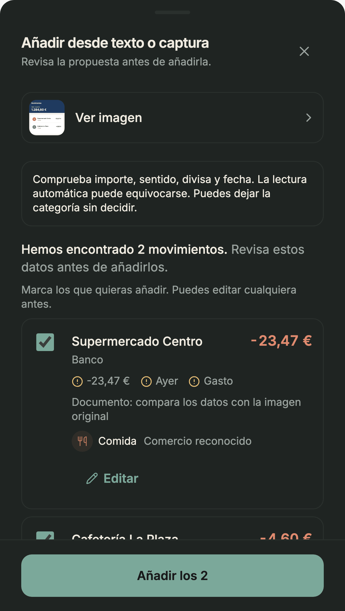 Revisión en Sumant de dos movimientos leídos de una captura bancaria, cada uno con su importe, su fecha y su categoría propuesta, la imagen original a mano y un botón Editar por movimiento