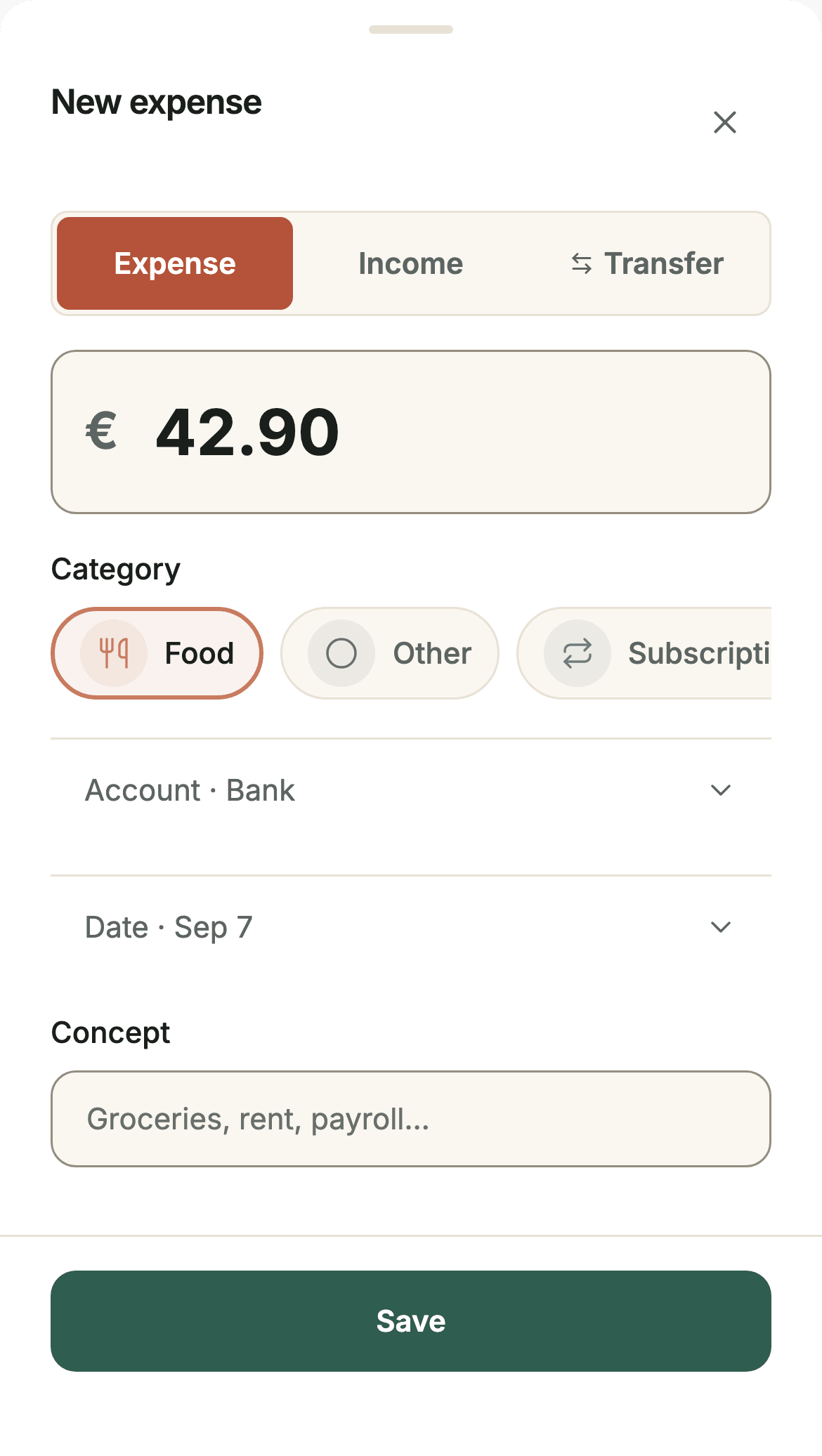 Sumant's new expense form with €42.90, the Food category selected and the Bank account, ready to save