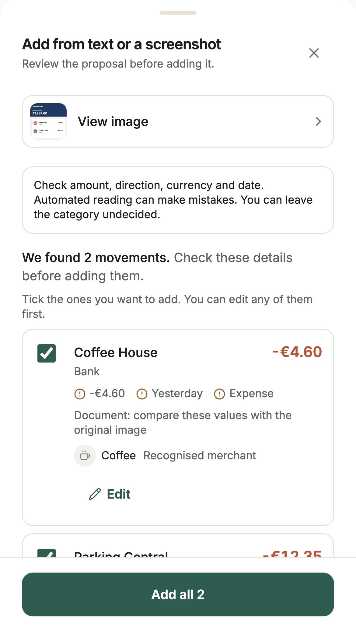 A review in Sumant of two transactions read from a bank screenshot, each with its proposed amount, date and category, the original image within reach and an Edit button per transaction