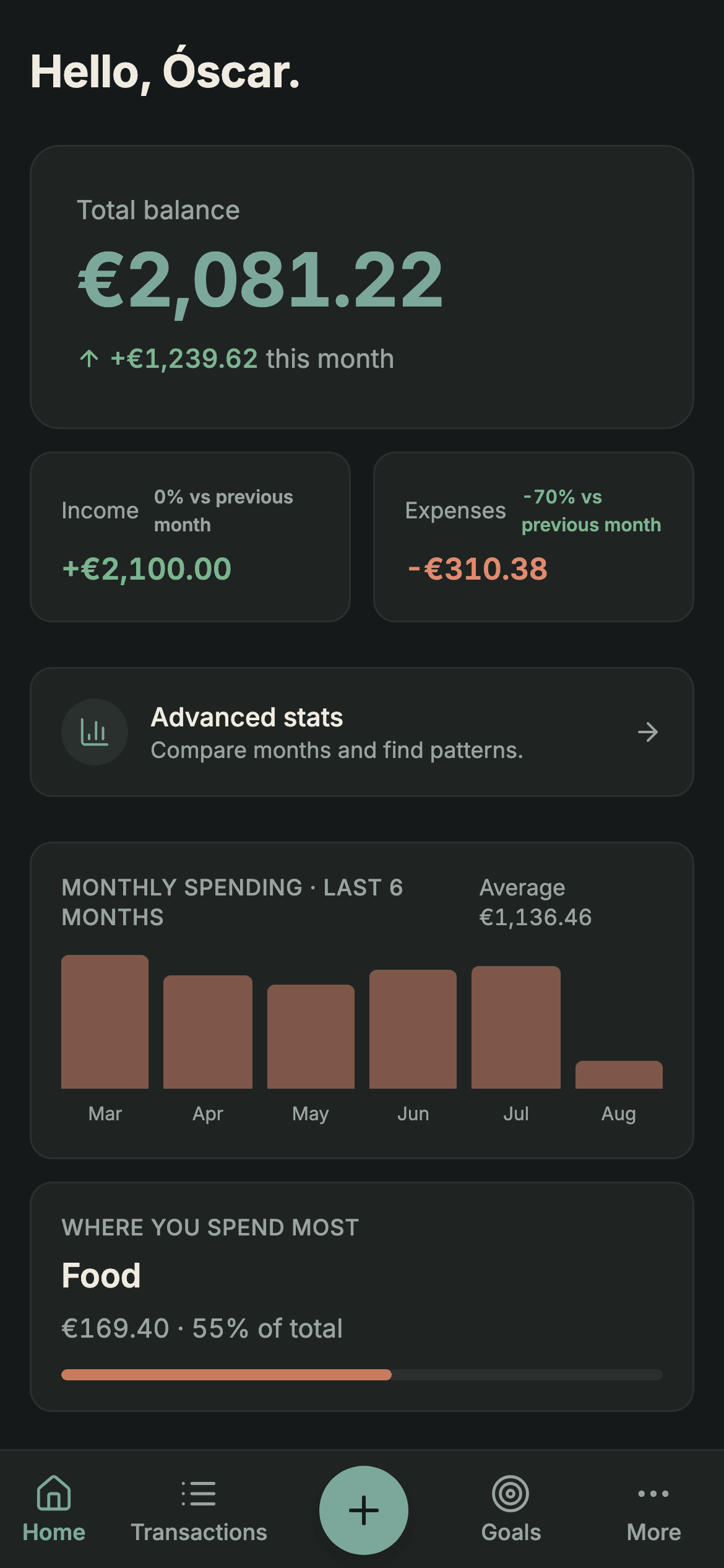 The Sumant app showing the finance overview with balance, monthly spending and savings goals