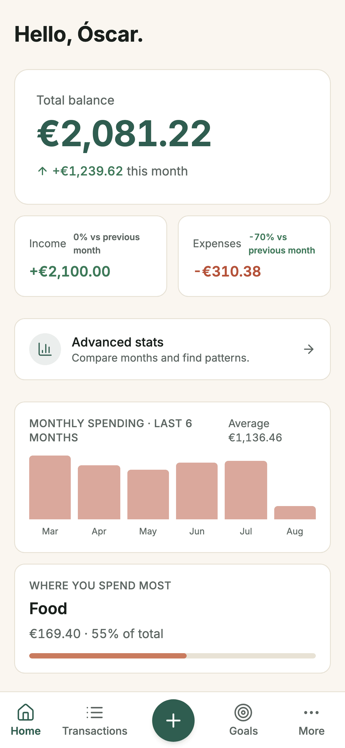 The Sumant app showing the finance overview with balance, monthly spending and savings goals
