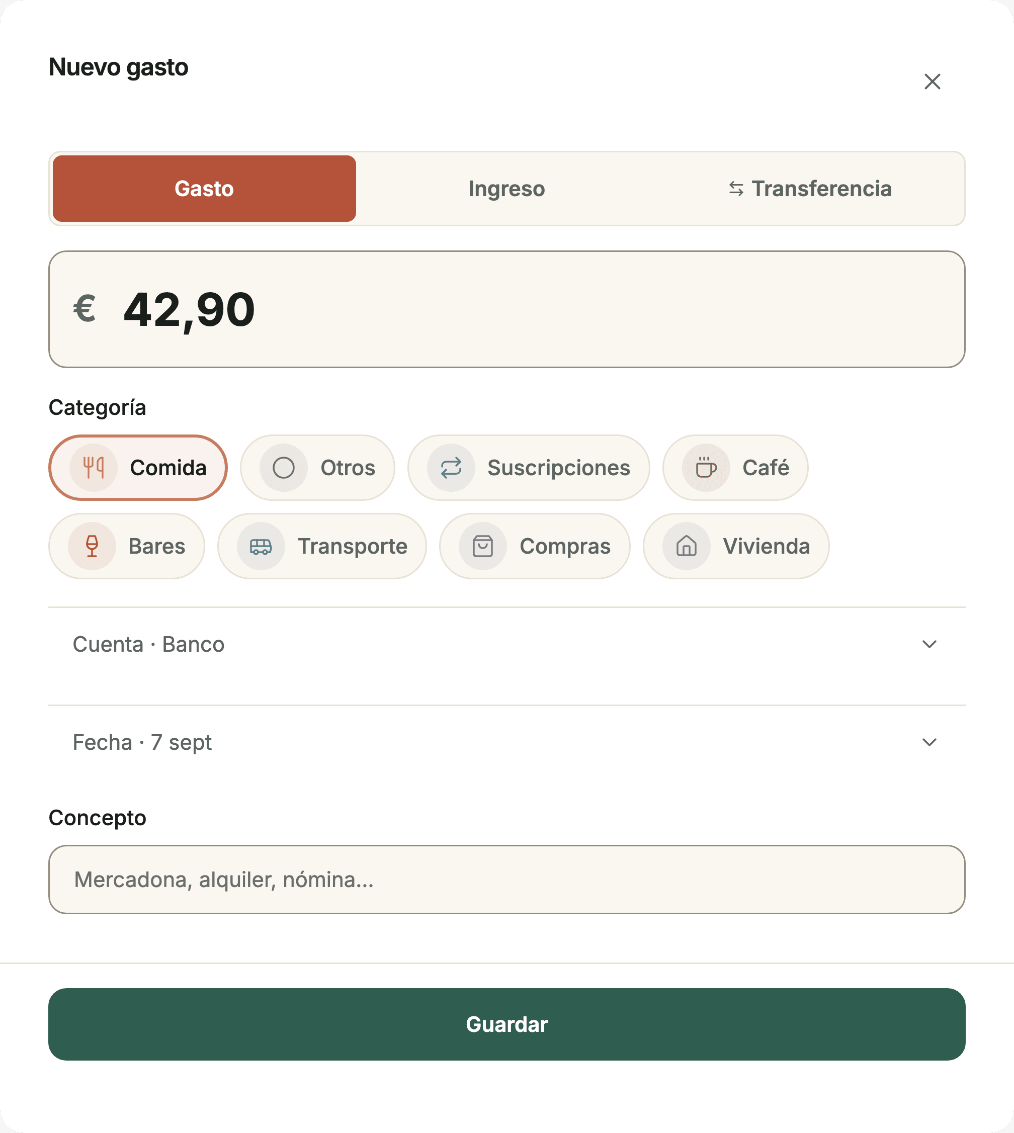 Formulario para añadir un gasto con importe, categoría y cuenta