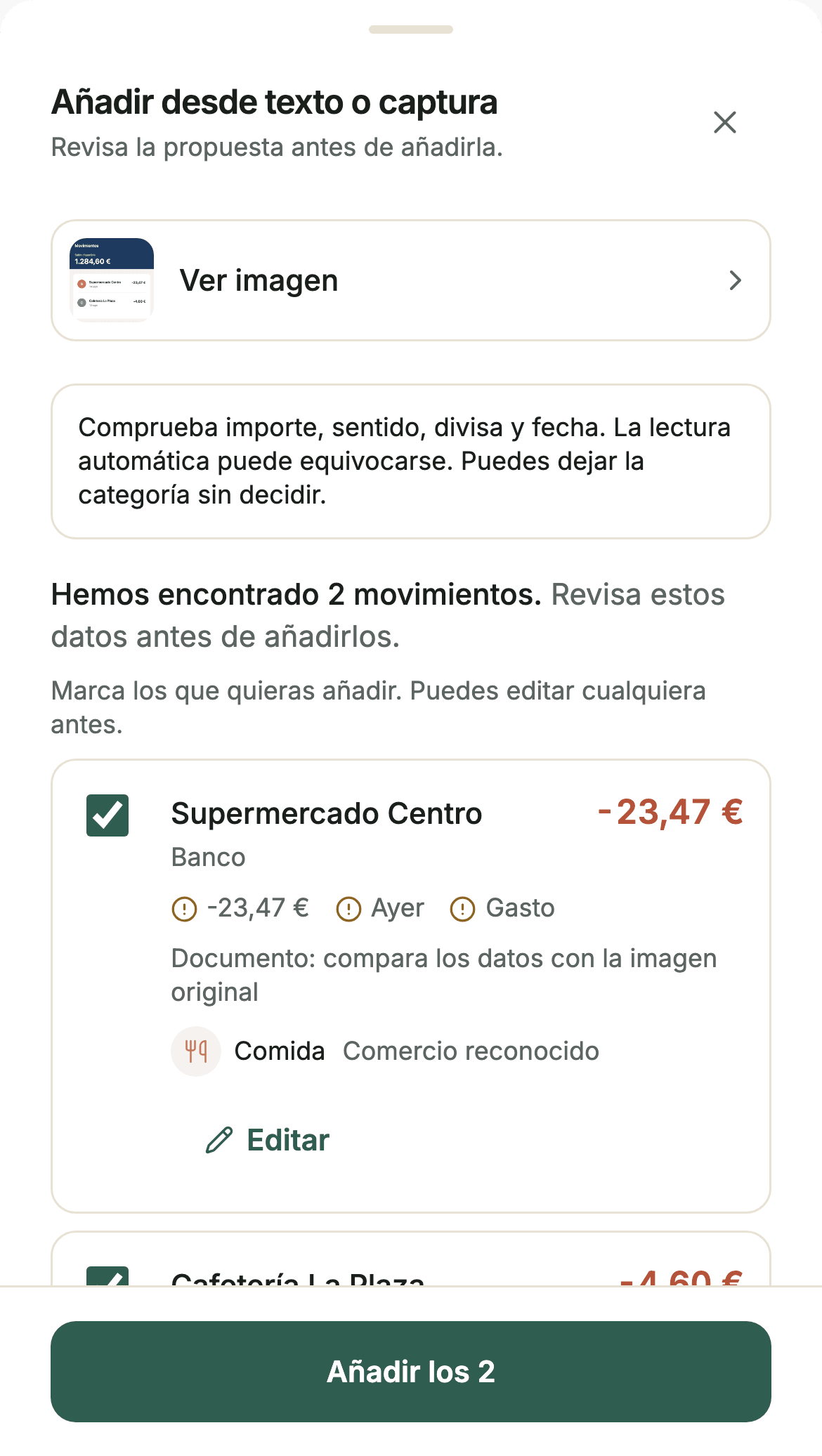 Revisión en Sumant de dos movimientos leídos de una captura bancaria, cada uno con su importe, su fecha y su categoría propuesta, la imagen original a mano y un botón Editar por movimiento