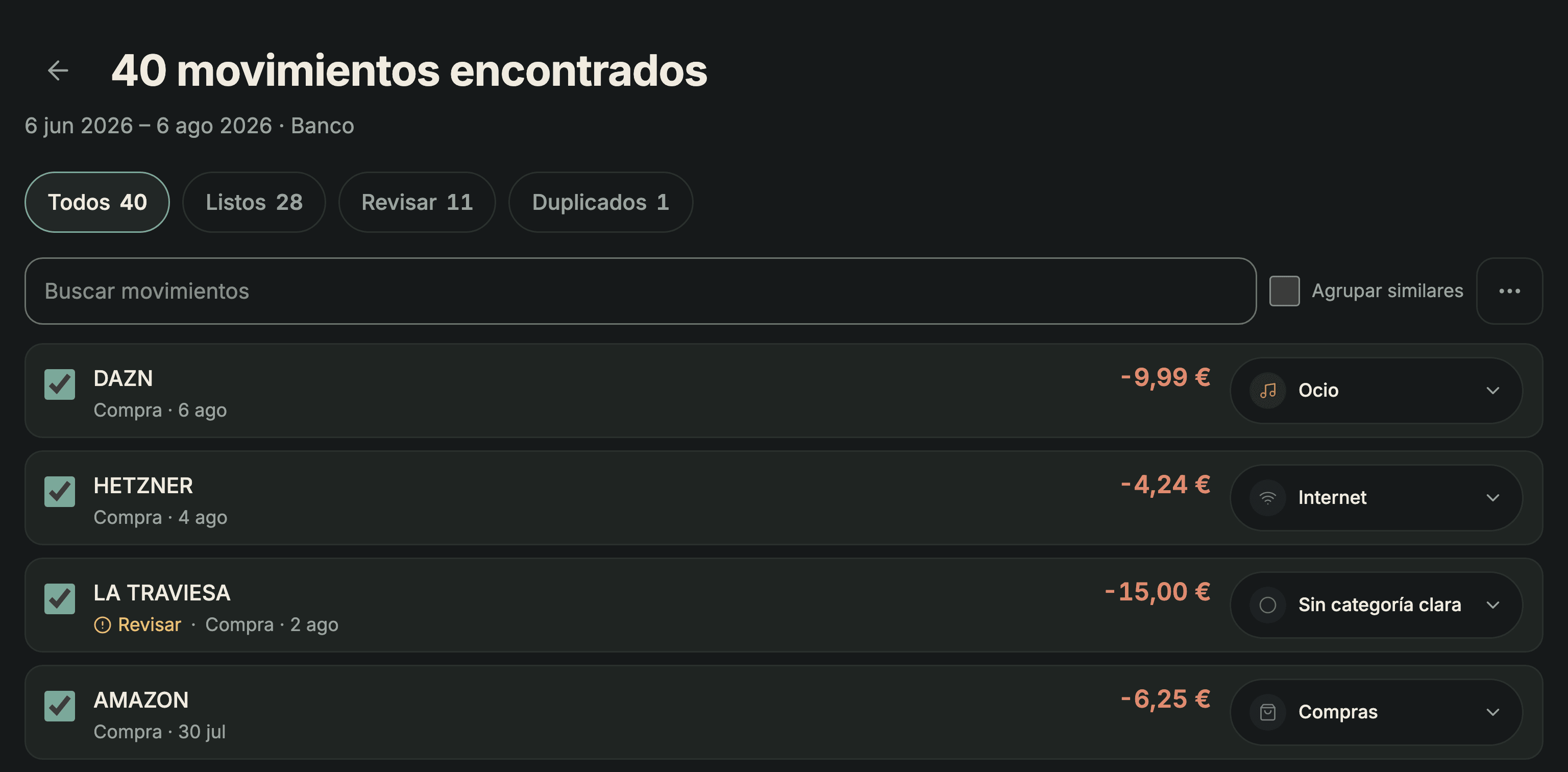 Movimientos importados con filtros de listos, por revisar y duplicados