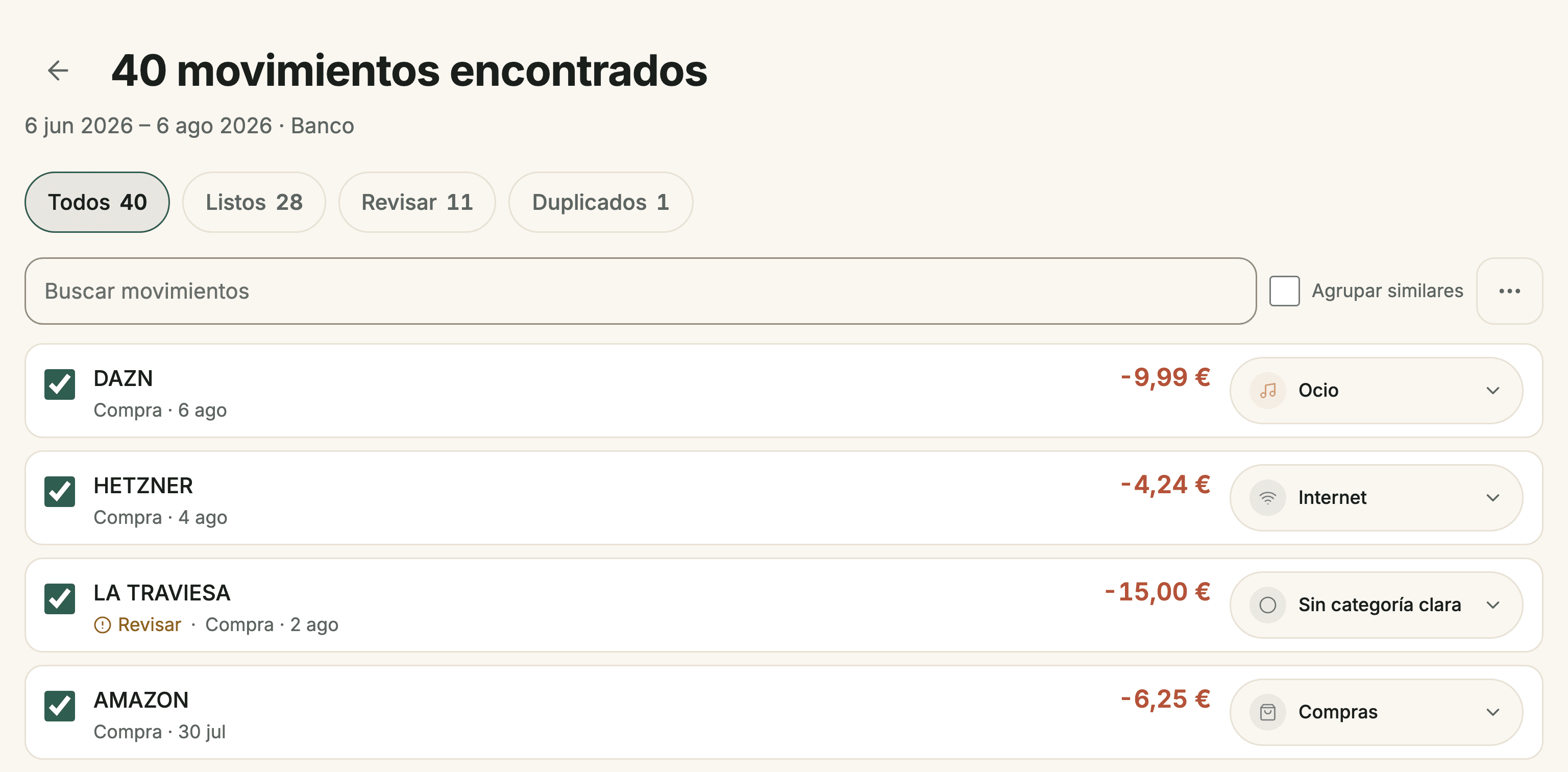 Movimientos importados con filtros de listos, por revisar y duplicados