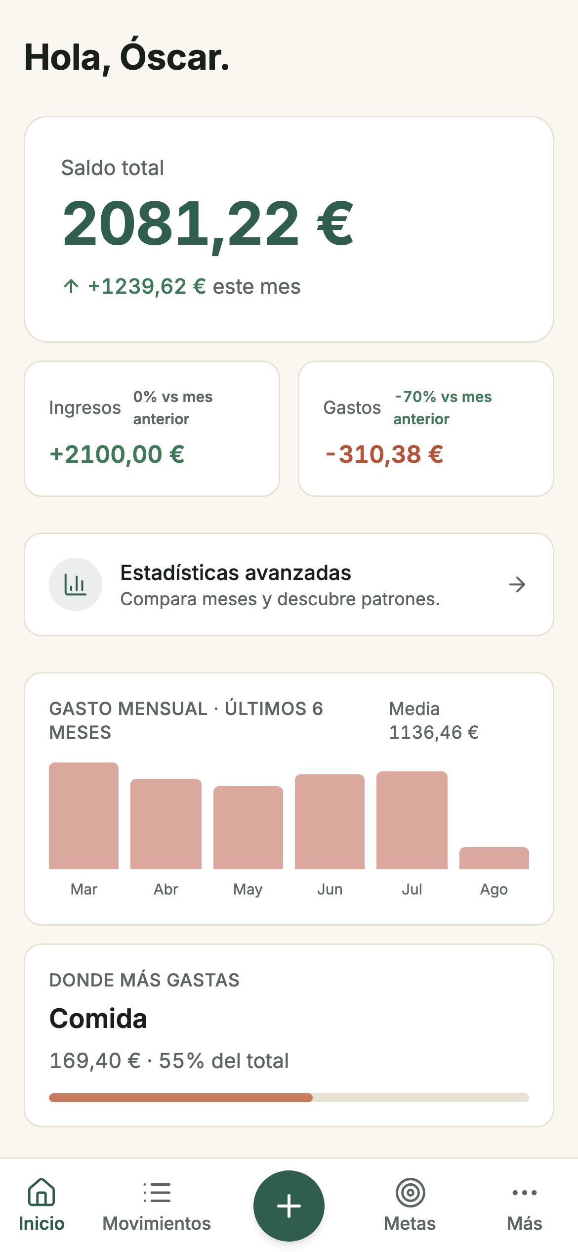 La app de Sumant mostrando el resumen de finanzas con saldo, gastos del mes y metas de ahorro