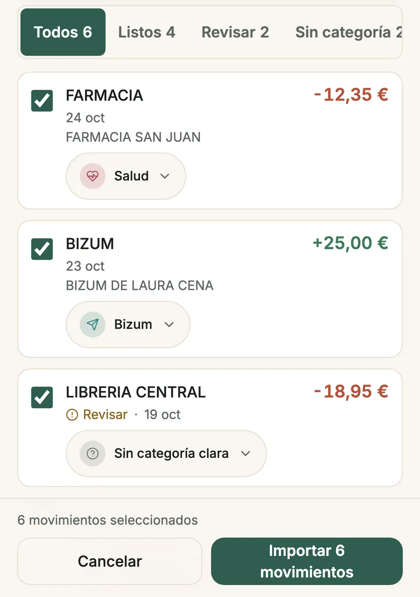 Revisión de una importación en la web: seis movimientos encontrados, cuatro listos y dos para revisar, con la categoría propuesta y el botón Importar 6 movimientos